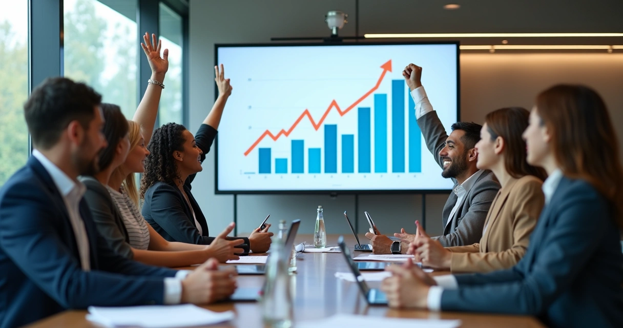 Equipe de vendas comemorando em uma sala de reunião, mostrando gráficos de crescimento e clima de vitória. 