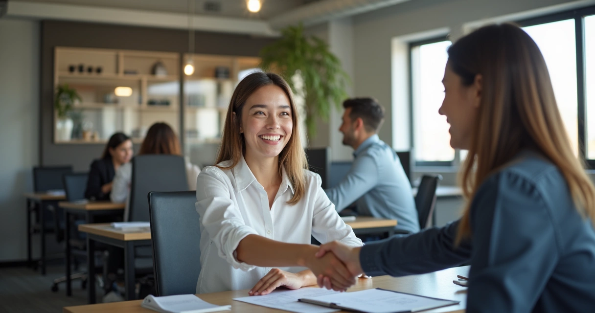 Novo funcionário feliz recebendo elogio de colega após completar tarefa 