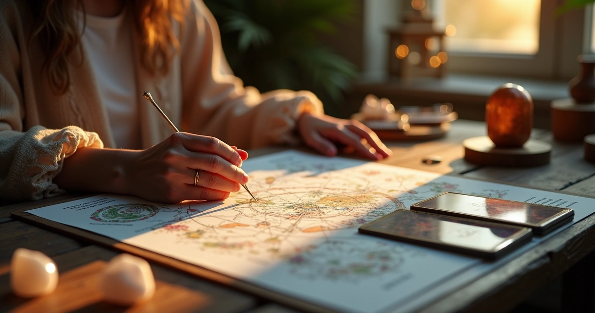 Consultora aplicando mesa radiônica em ambiente espiritualizado. 