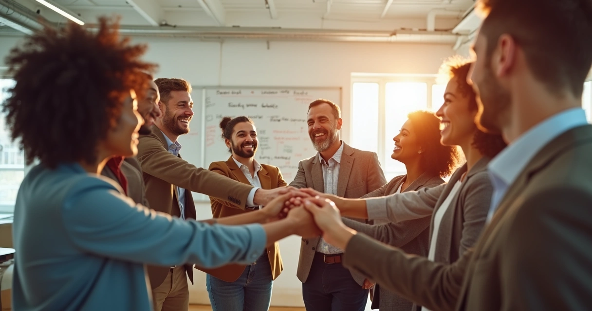 Equipe reunida comemorando objetivo alcançado com sorrisos 