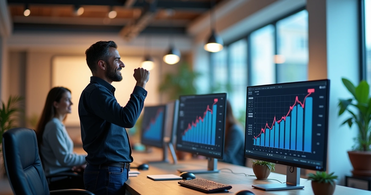 Gestor comemorando resultado positivo do projeto de IA 