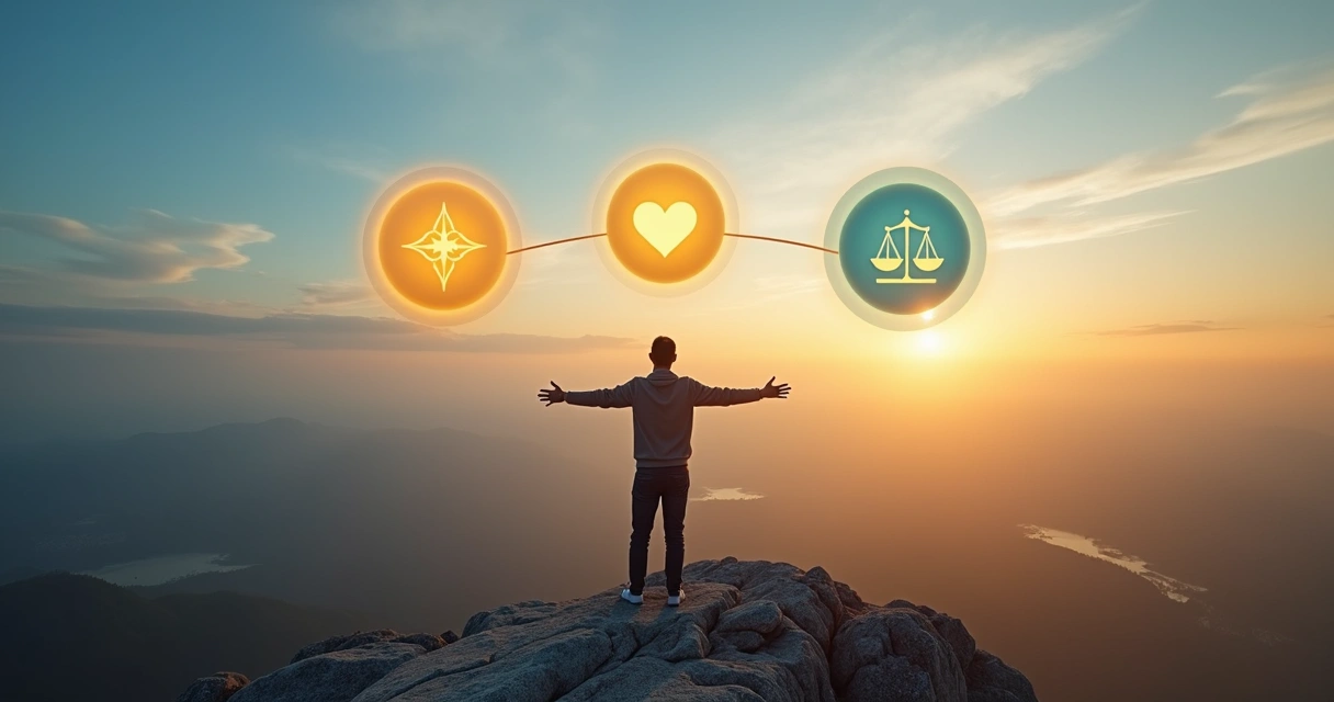 Pessoa em pé no topo de uma montanha equilibrando ícones de propósito bem-estar e ética 