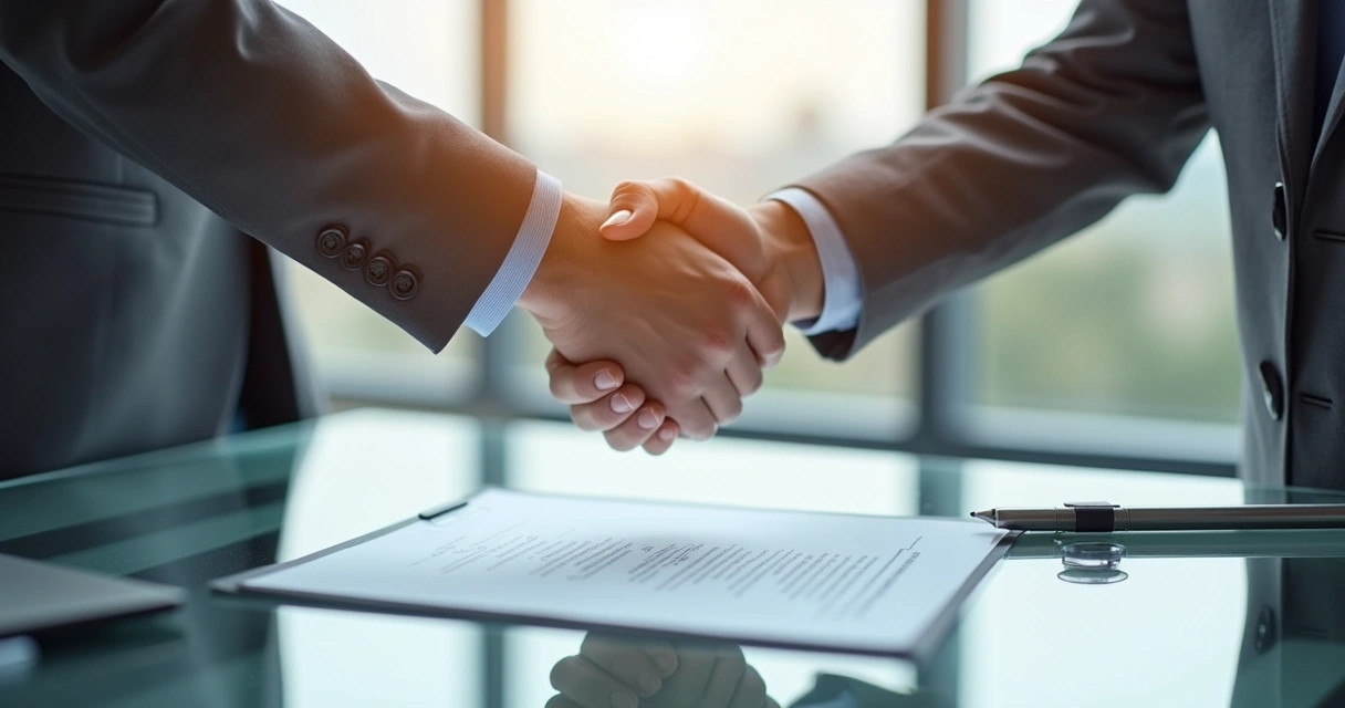 Contrato assinado simbolizando sucesso em relacionamento B2B com aperto de mãos 