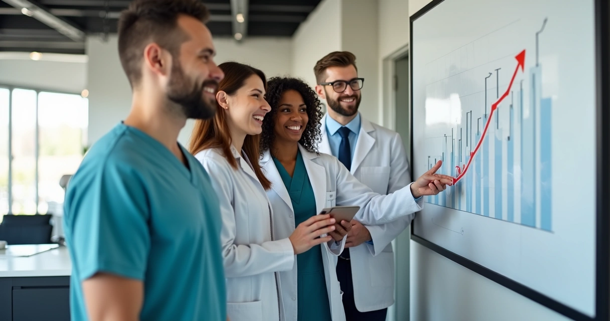 Equipe odontológica reunida comemorando resultados positivos 