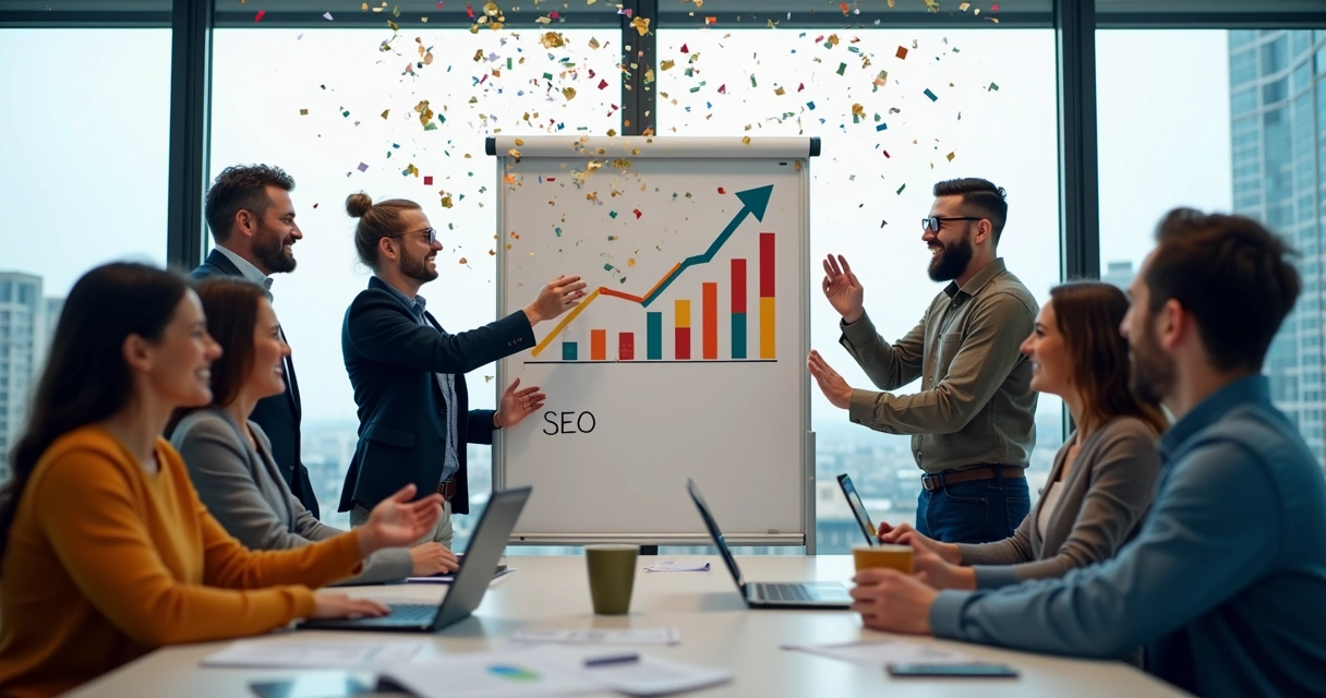 Equipe celebrando sucesso em SEO com resultados em gráfico 