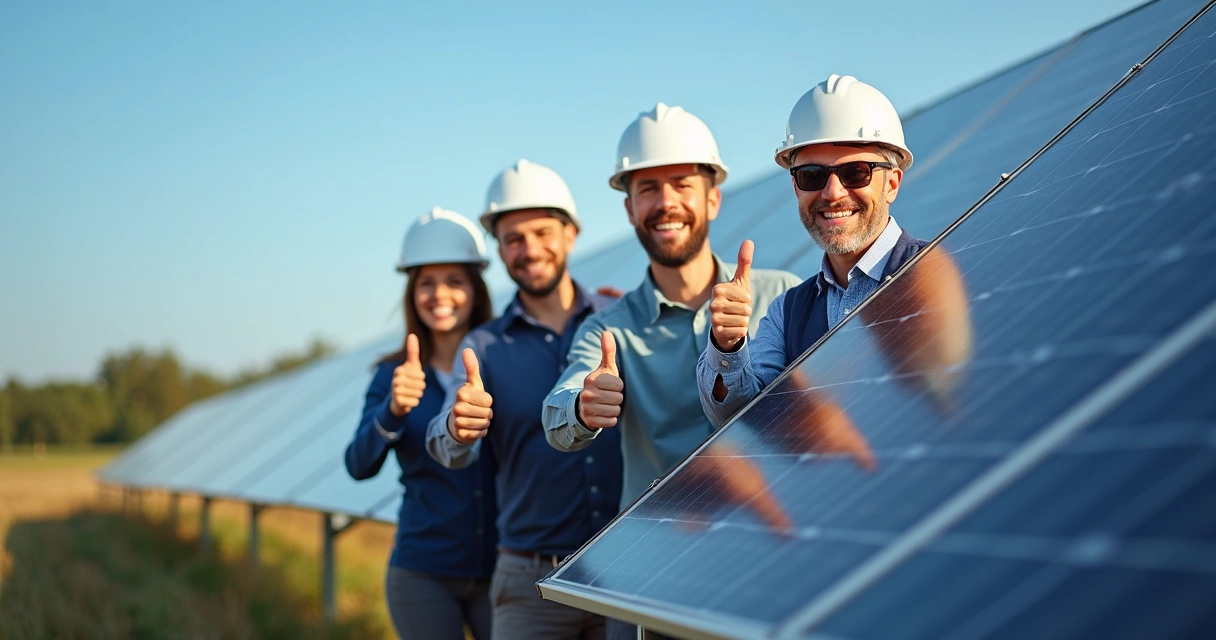 Empresários felizes ao lado de instalação solar 