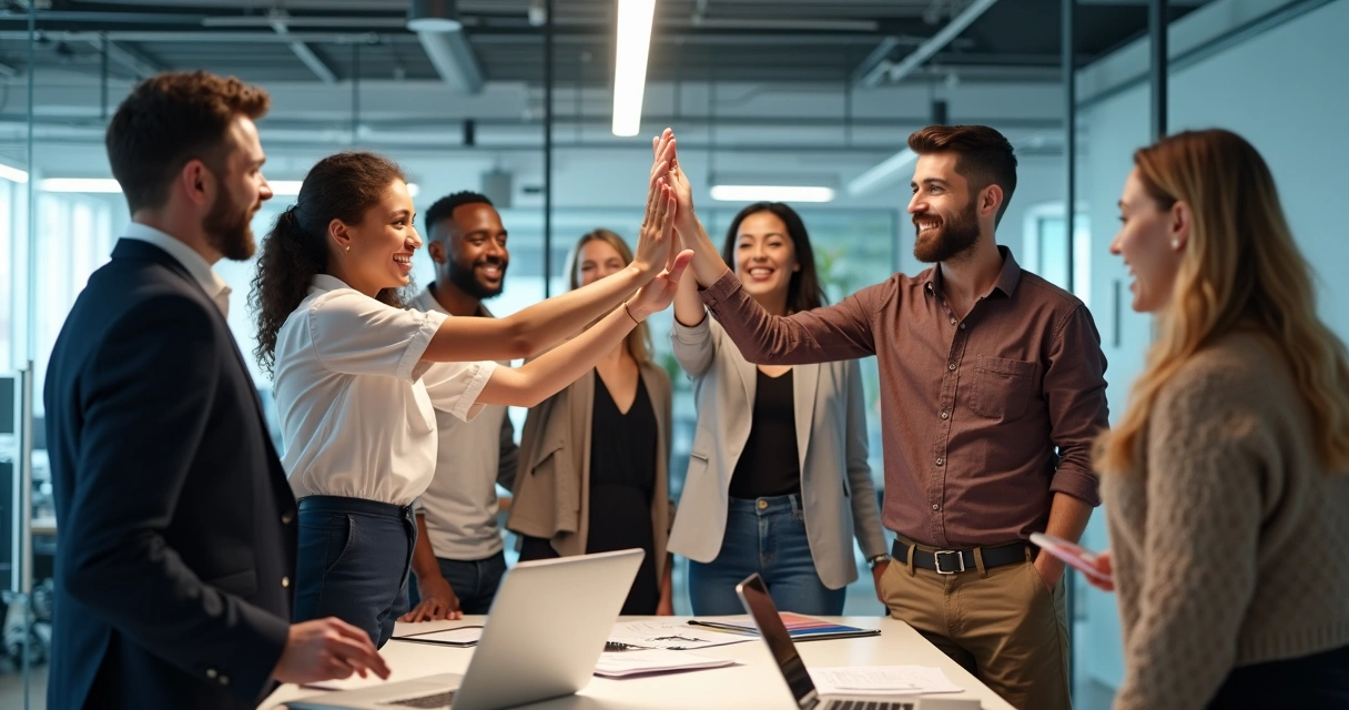Equipe celebrando conquista em escritório moderno e sorrindo 
