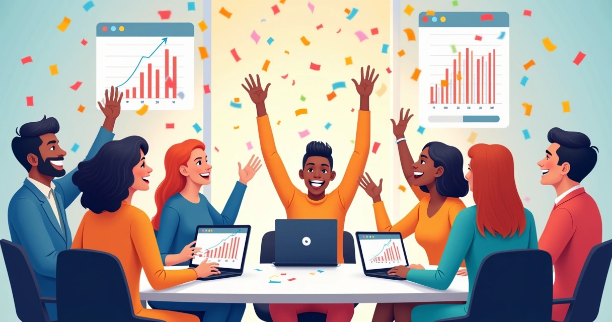Equipe comemorando resultados positivos de vendas em diferentes canais.