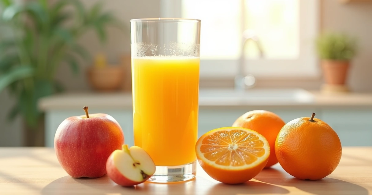 Suco fresquinho de maçã e laranja em copo 