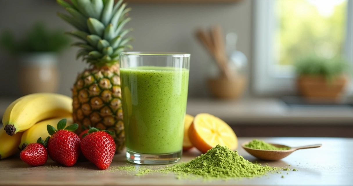 Copo de suco verde com moringa e frutas
