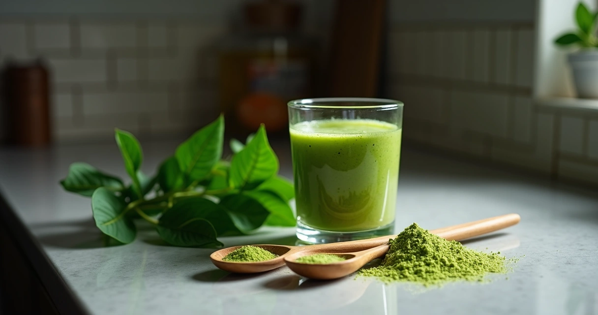 Copo de suco verde ao lado de folhas de moringa e colheres de pó de moringa sobre uma bancada de cozinha à noite