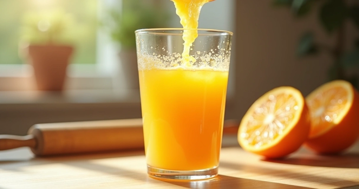 Copo de suco natural fresco sendo servido na cozinha 