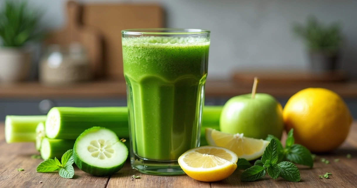 Mulher com Copo de suco verde detox na mao