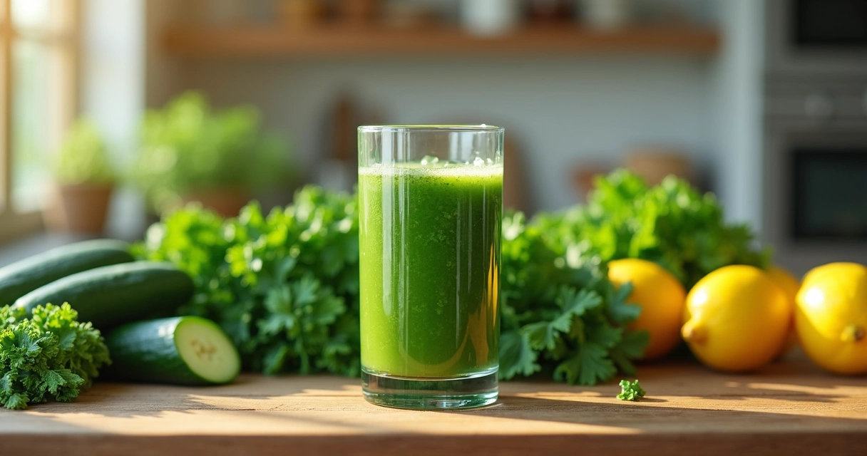 Sucos verdes com legumes frescos em superfície de madeira 