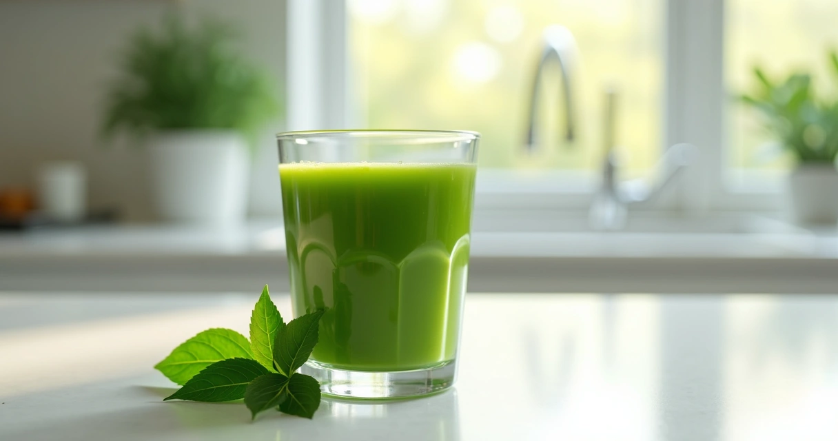 Copo de suco verde com folhas de moringa ao lado