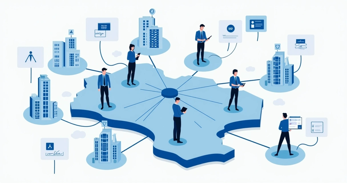 Gestión de recursos humanos en múltiples sucursales corporativas, personas con dispositivos, mapas y documentos. 