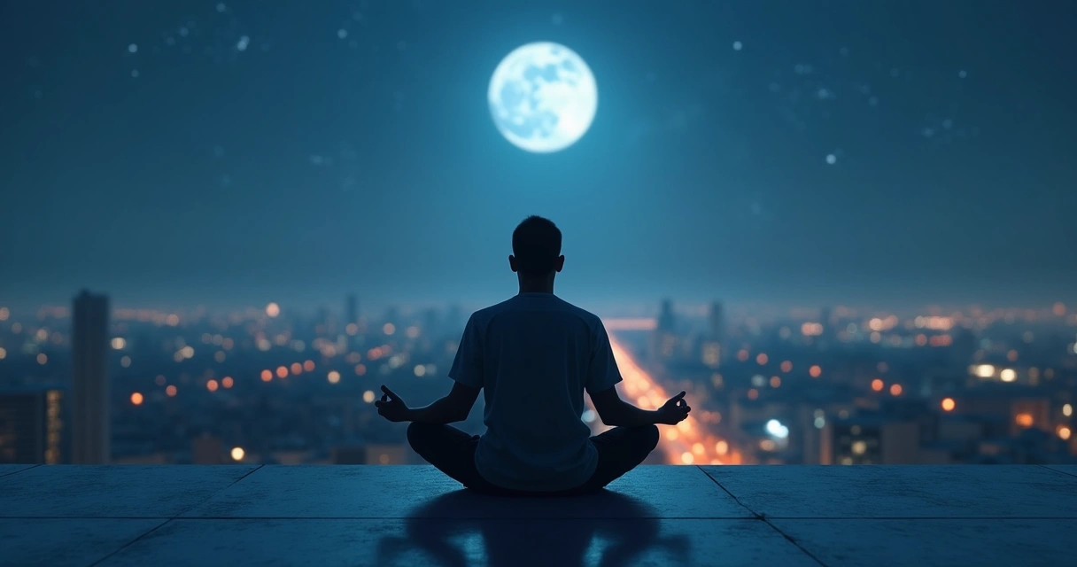 Ciudad nocturna vista desde arriba con persona meditando sobre un tejado iluminado por la luna 
