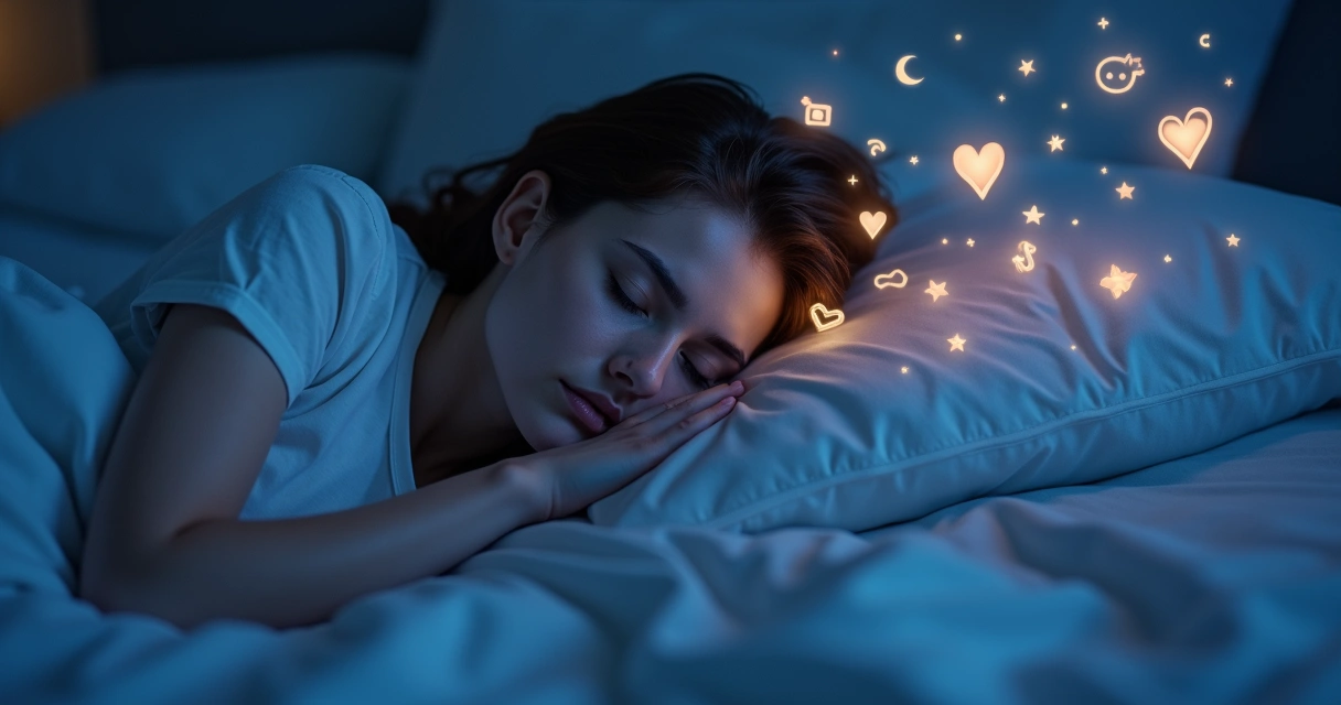 Persona dormida con sueños visualizados como símbolos abstractos alrededor 