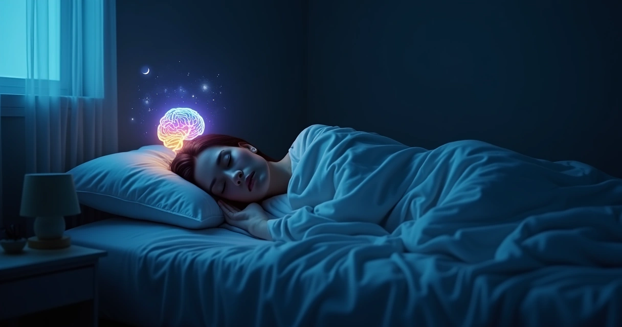 Persona dormida con cerebro iluminado y colores fluyendo que representan emociones conscientes 