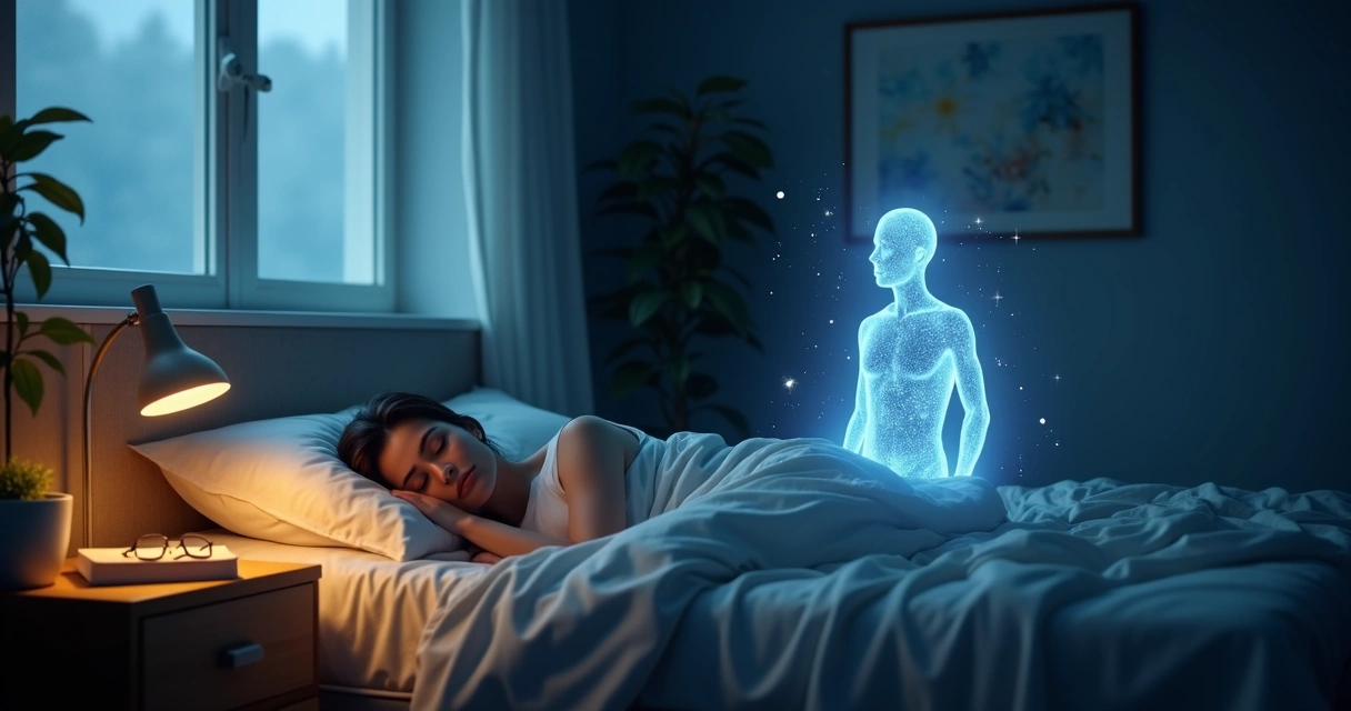 Persona dormida con silueta transparente observando su propio cuerpo en la cama 