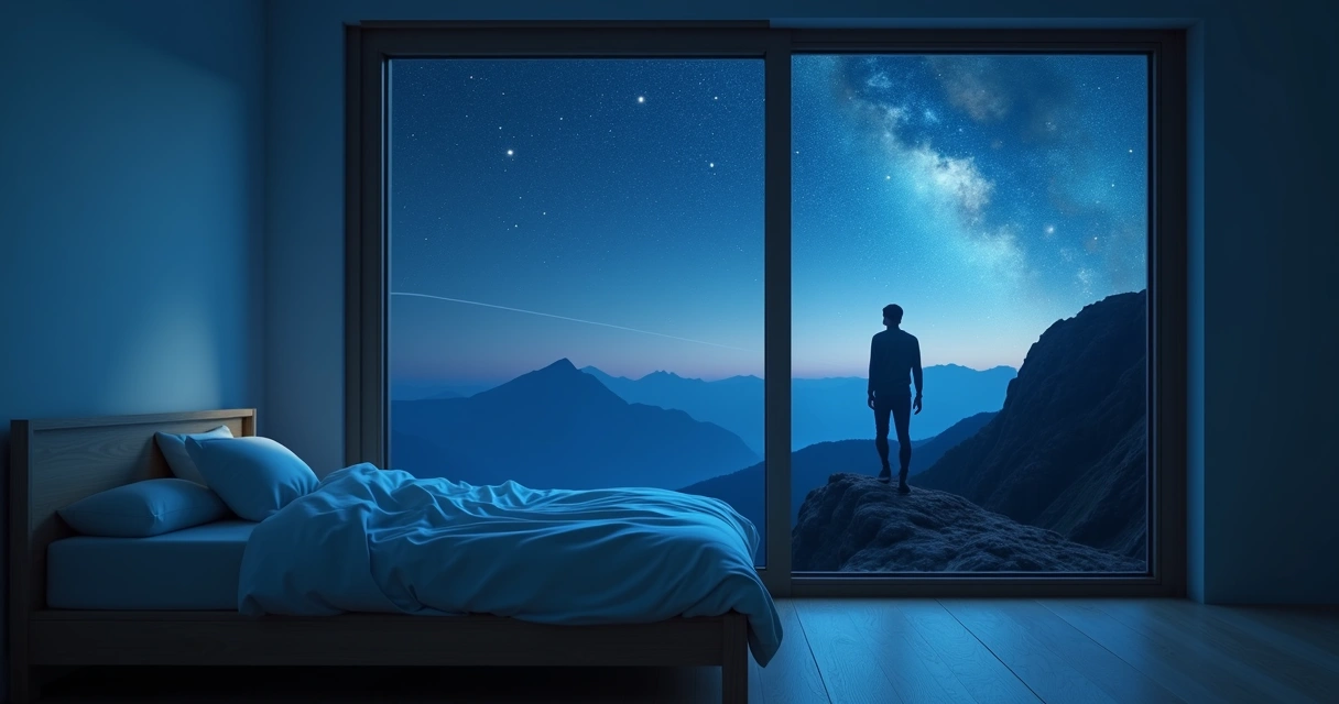 Persona dormida y su silueta soñadora caminando sobre montañas nocturnas 