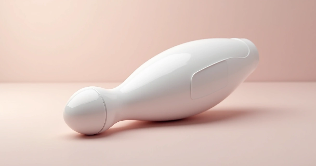 Sugador de clitóris branco com design ergonômico e superfície texturizada sobre fundo suave e neutro 