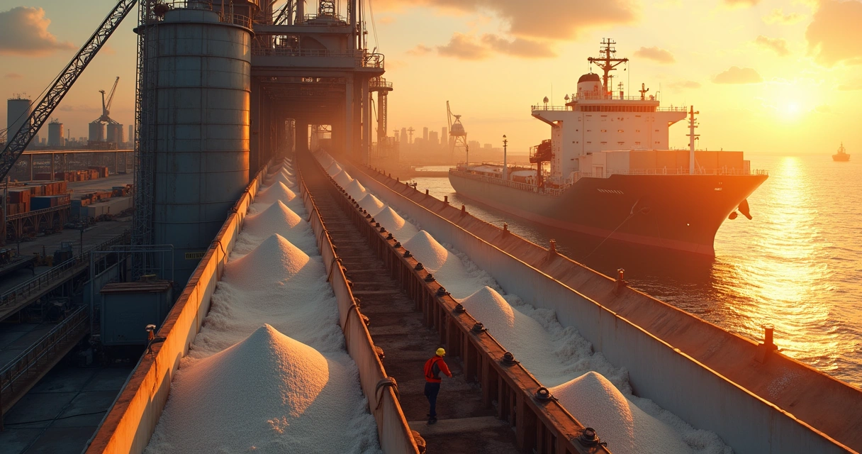 Busy sugar export terminal with conveyor belts, cargo ships, and storage silos at sunset. 
