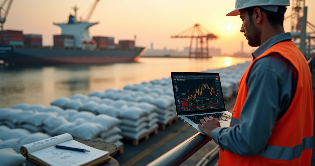 Sugar factory manager checking hedging prices on laptop at export terminal 