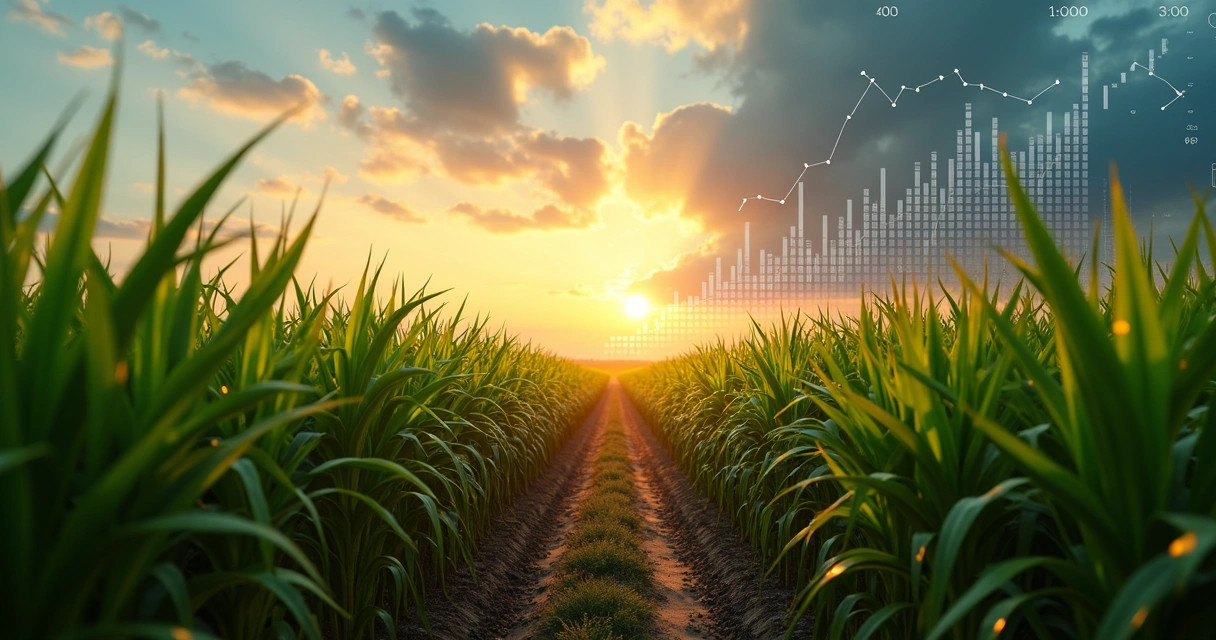 Rows of sugarcane in golden light, with digital overlays of commodity price charts and arrows 