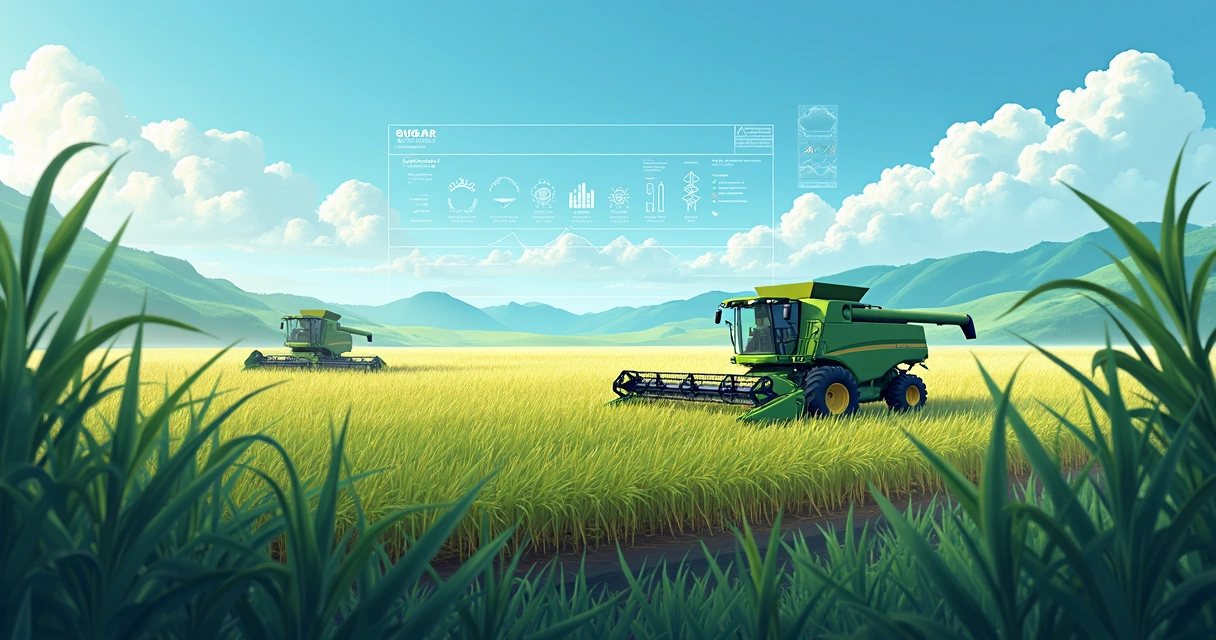 Sugarcane harvesters with digital weather and market data overlays 