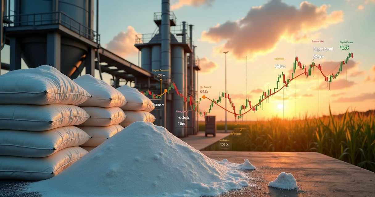 Sugarcane mill with sugar price charts showing volatile market 