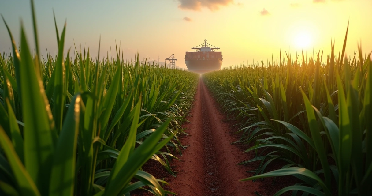 Sugar cane field and cargo ship symbolizing global sugar surplus 