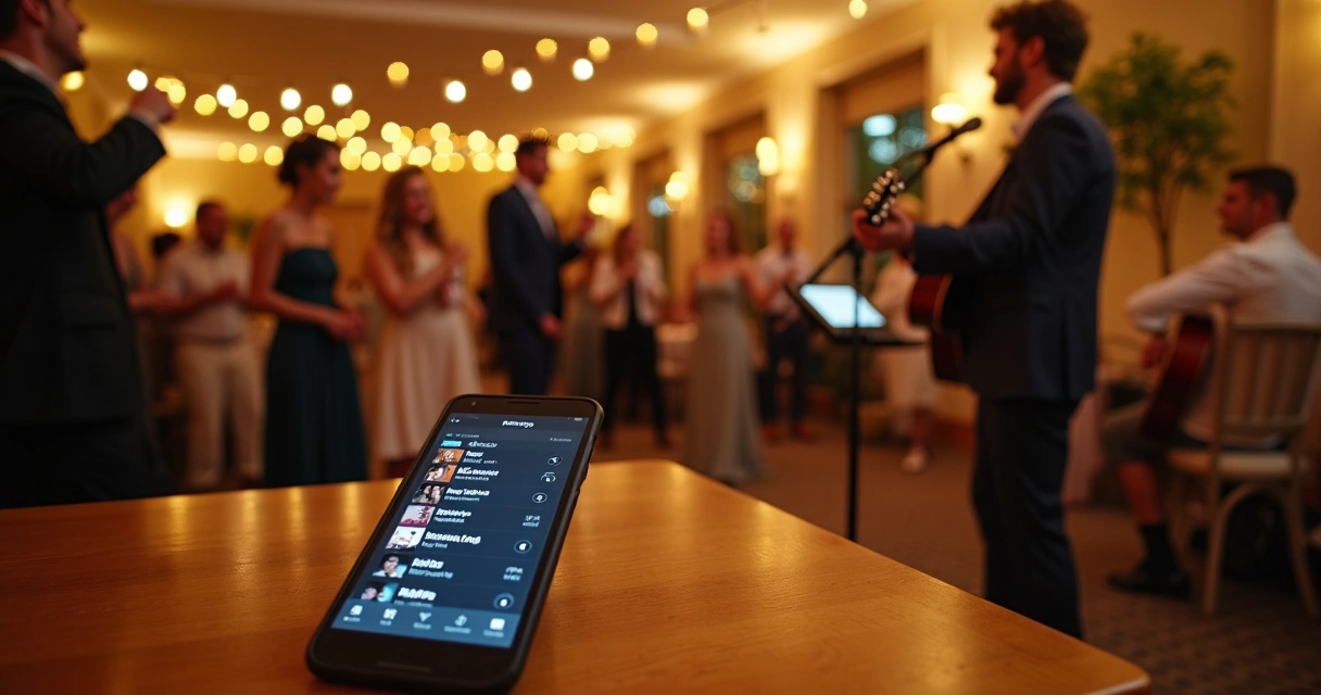 Convidados sugerindo músicas ao lado do músico em palco de evento 