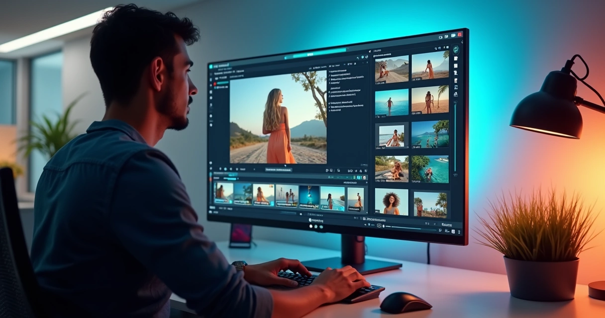 Usuário no computador vendo sugestões de títulos e hashtags para cortes de vídeo. 