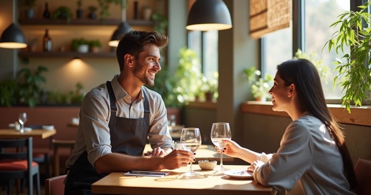 Garçom oferecendo sobremesa e bebida ao cliente na mesa 