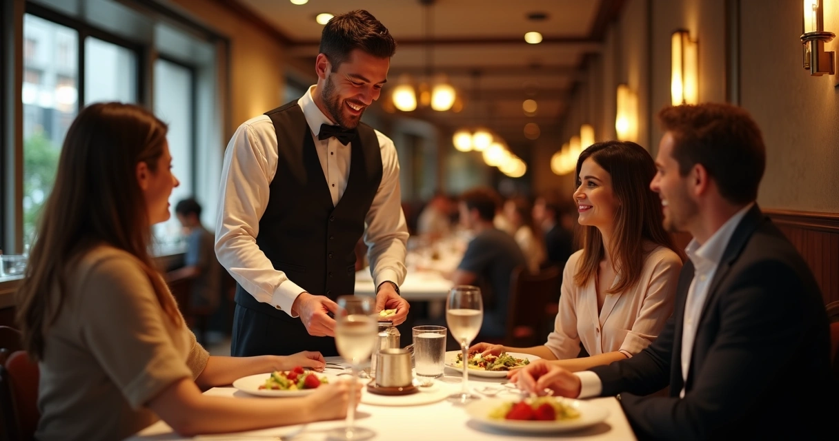 Garçom sugere prato aos clientes em mesa de restaurante 