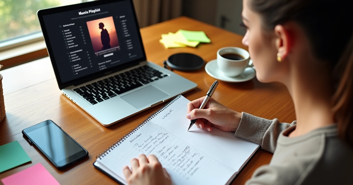 Pessoa organizando uma lista de músicas e anotações em um caderno enquanto observa um laptop com uma playlist aberta. 