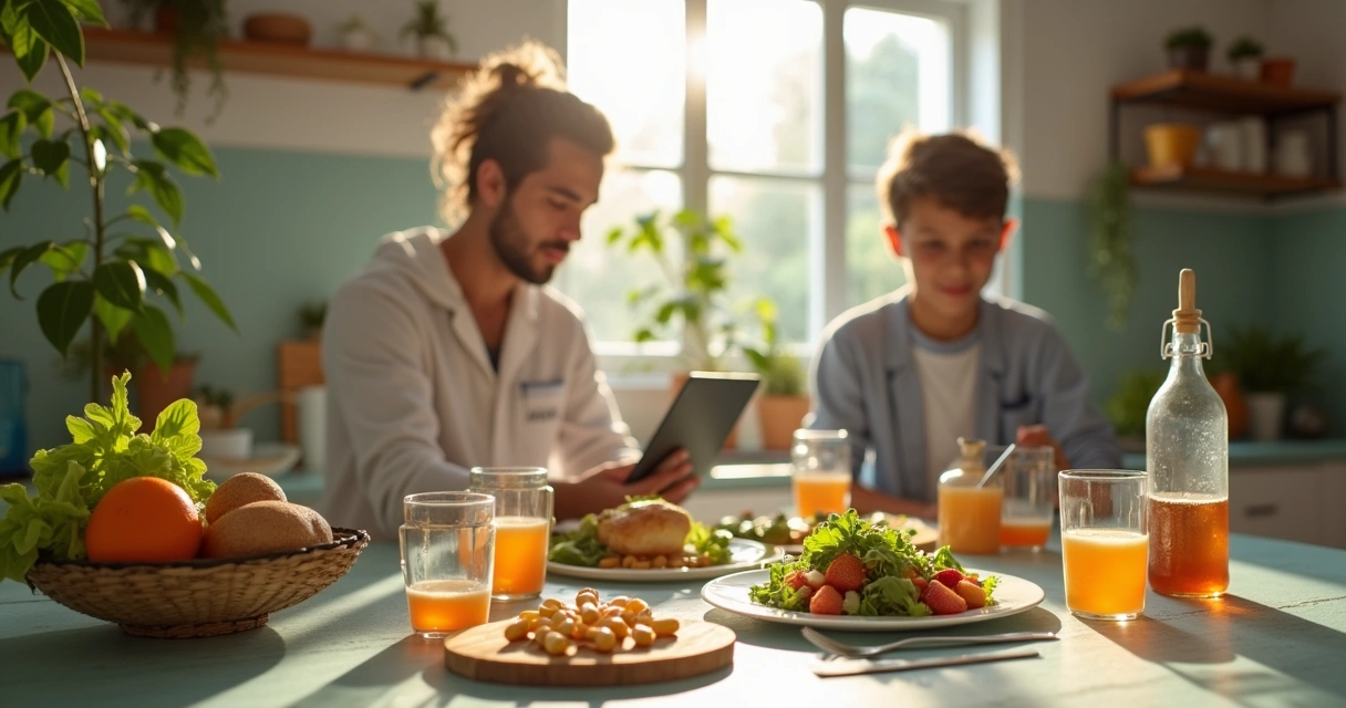 Vibrante cozinha moderna com frascos de suplementos veganos e nutricionista conversando com jovem. 