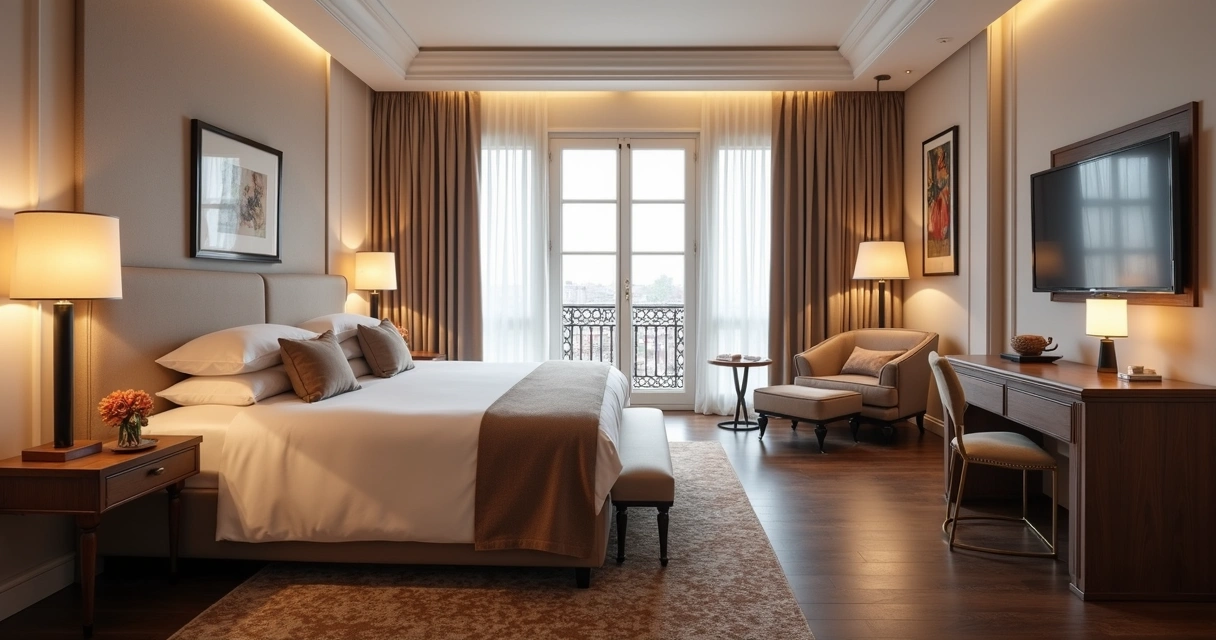 Quarto de hotel boutique sofisticado em Lisboa com decoração elegante e iluminação acolhedora 