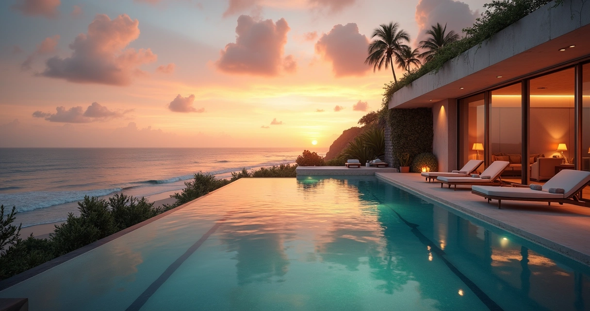 Suíte de resort com piscina privativa de frente para o mar ao entardecer 