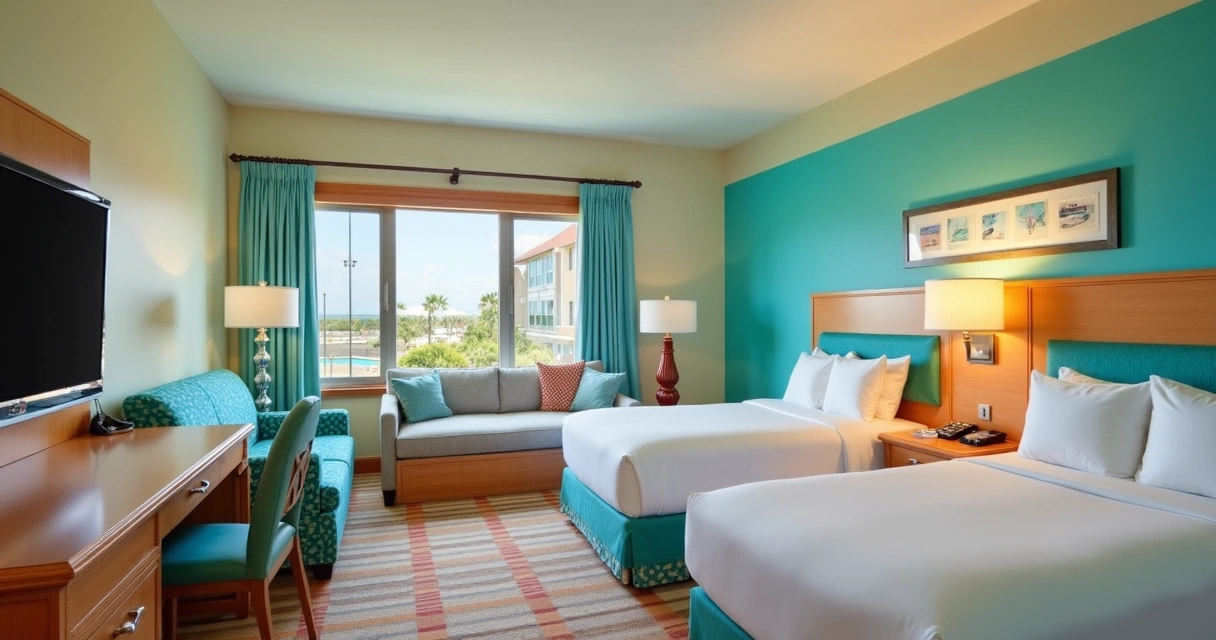 Suíte familiar com decoração retro no Cabana Bay Orlando 