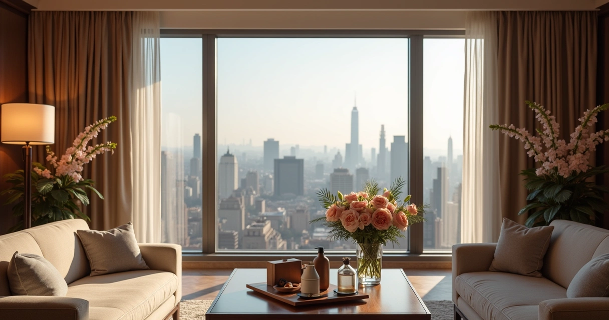 Vista interior de suíte de hotel luxuosa decorada com flores e amenities 