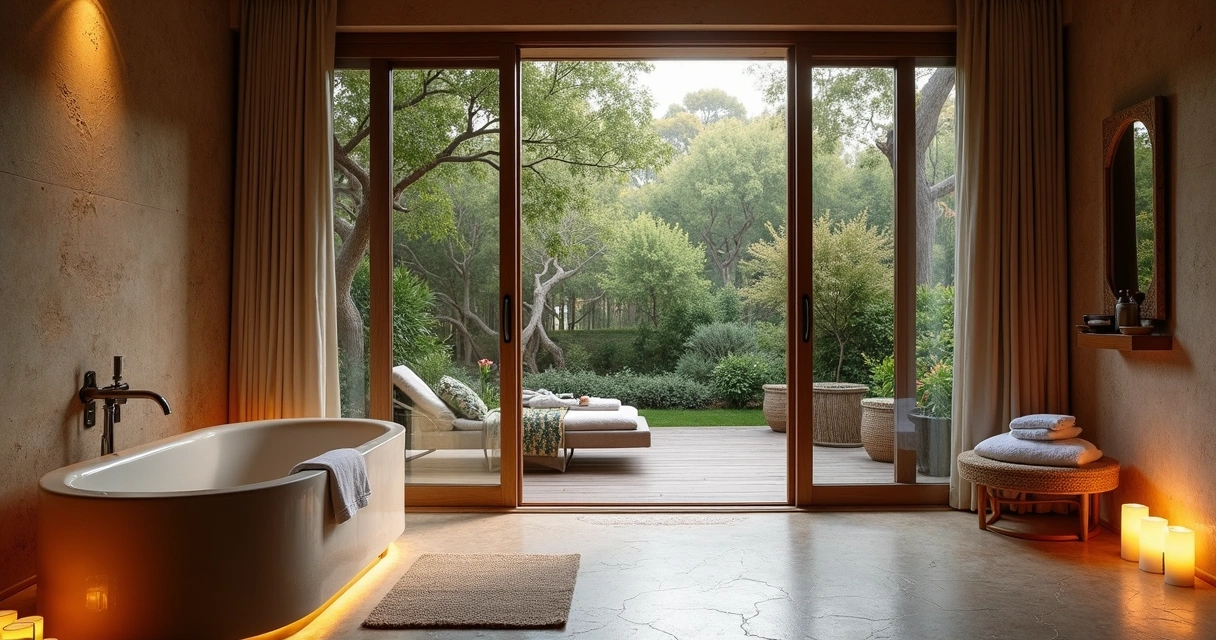 Suíte spa com varanda privativa com vista para jardim verde 