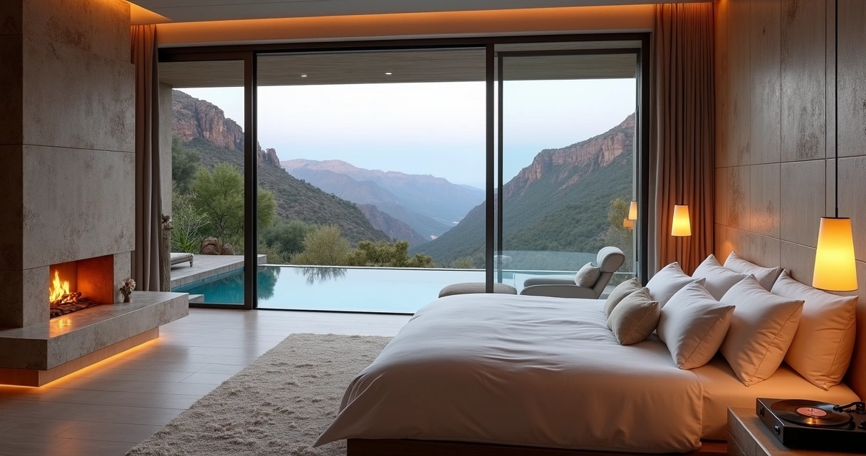 Suíte de vidro com vista panorâmica para cânions e piscina aquecida privativa