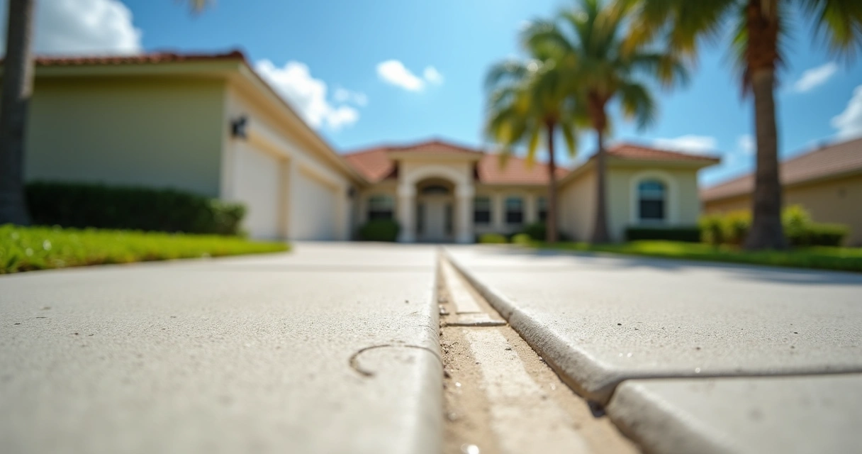 Close-up of sunlit concrete driveway expansion joint in Florida 