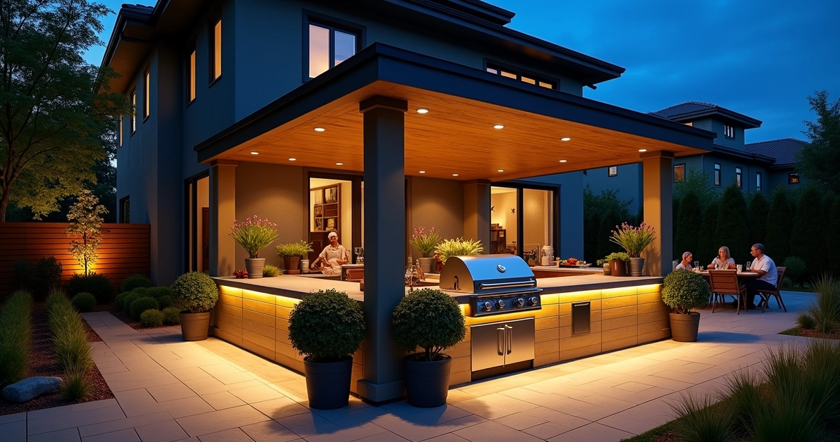 Outdoor summer kitchen with safe lighting at night Central Florida 