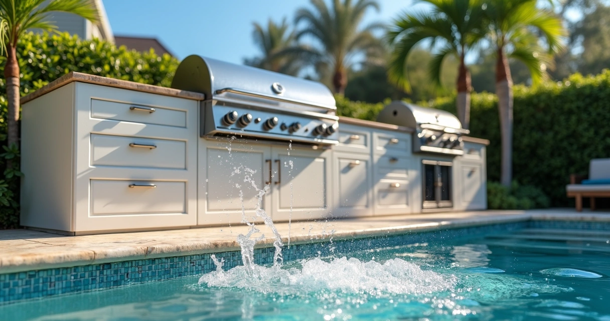 Close-up of summer kitchen cabinets near a pool with water splashing on waterproof surfaces and stainless steel fixtures 