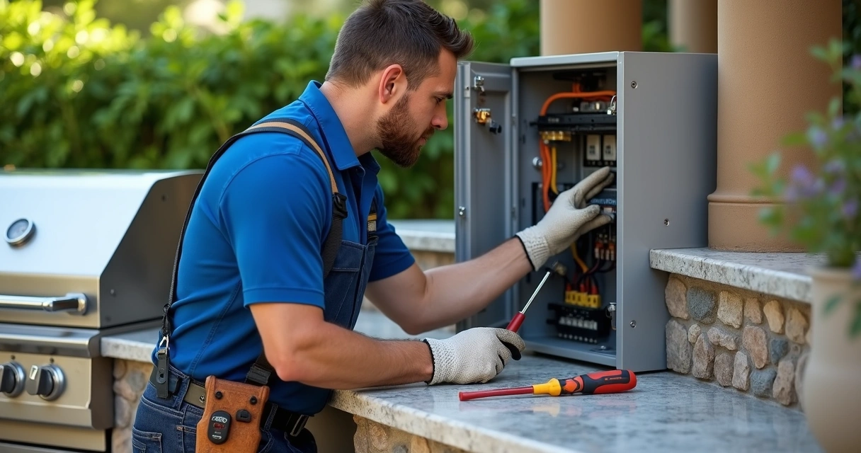 Electrician inspecting an outdoor summer kitchen electrical panel 