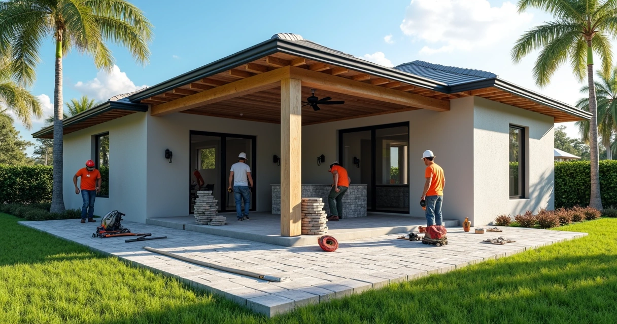 Outdoor kitchen installation with crew working on concrete base and framing 