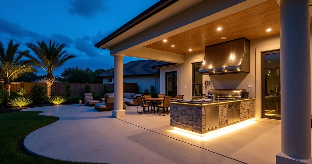 Outdoor summer kitchen in Orlando with warm low-voltage lighting at dusk 